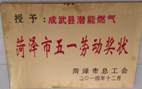 成武县z6尊龙官方网站燃气有限公司获得2014年度“菏泽市五一劳动奖状”及“菏泽市学习型组织标兵单位”称号
